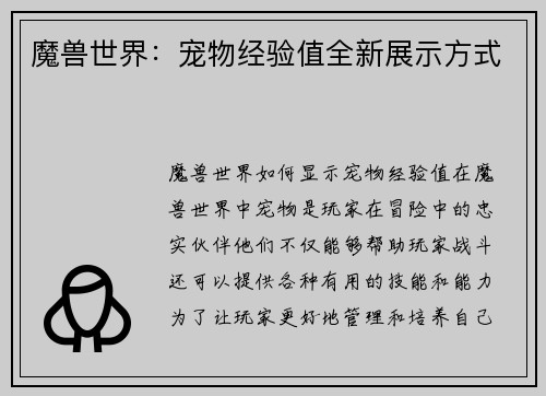 魔兽世界：宠物经验值全新展示方式